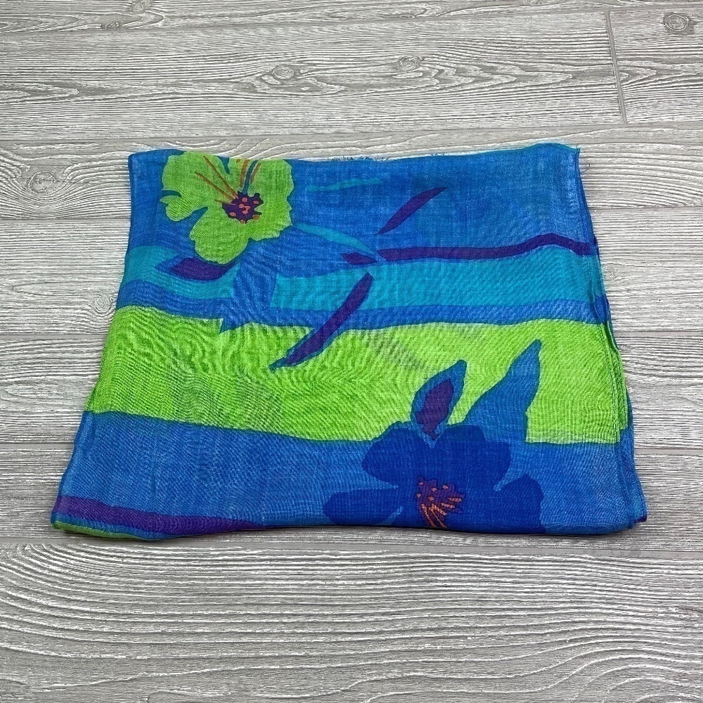 Vintage LIZ CLAIBORNE Womens Wrap Scarf Blue Lime & Navy Green Floral Sarong 54"